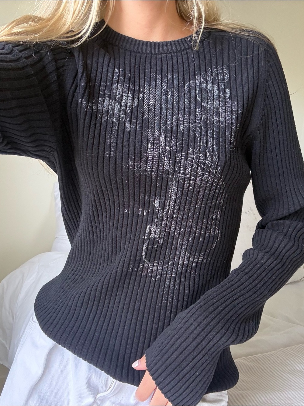Vintage 90's Y2k le chateau Black Ribbed Crewneck graphic Sweater 100% cotton